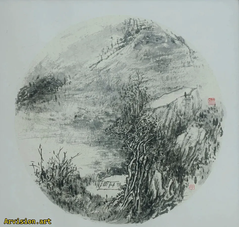 اللوحة الصينية الحبر في كوخ في الجبل