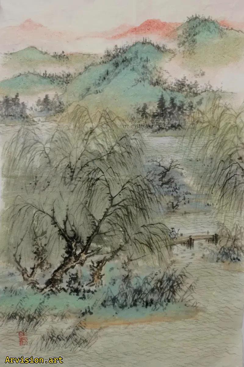 رسم المناظر الطبيعية الصينية رسم المناظر الطبيعية الخضراء